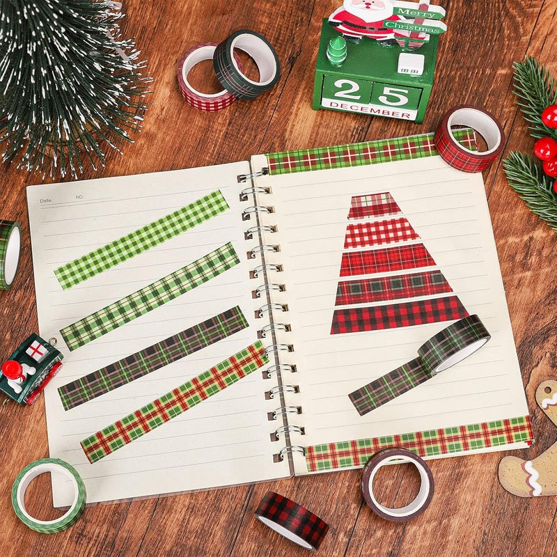 Whaline 12 Rolls Christmas Washi Tape Buffalo Plaid Pattern Red Black Green Xmas Holiday Masking Tape for Scrapbook Journal DIY Craft Gift Wrapping - Image 4